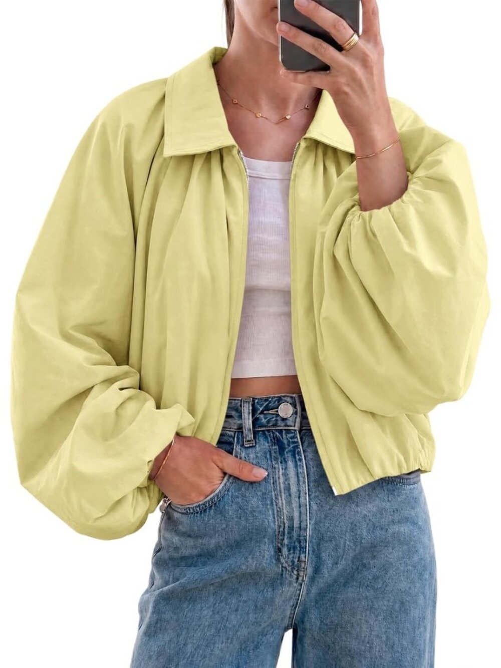 Women's Yellow Stylish Bomber Coat Fall Casual Zip Up Outerwear Cropped Jackets